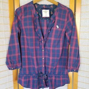 A&F Plaid Women's Shirt Button Down Peplum Waist Ruffle Accent Size Medium